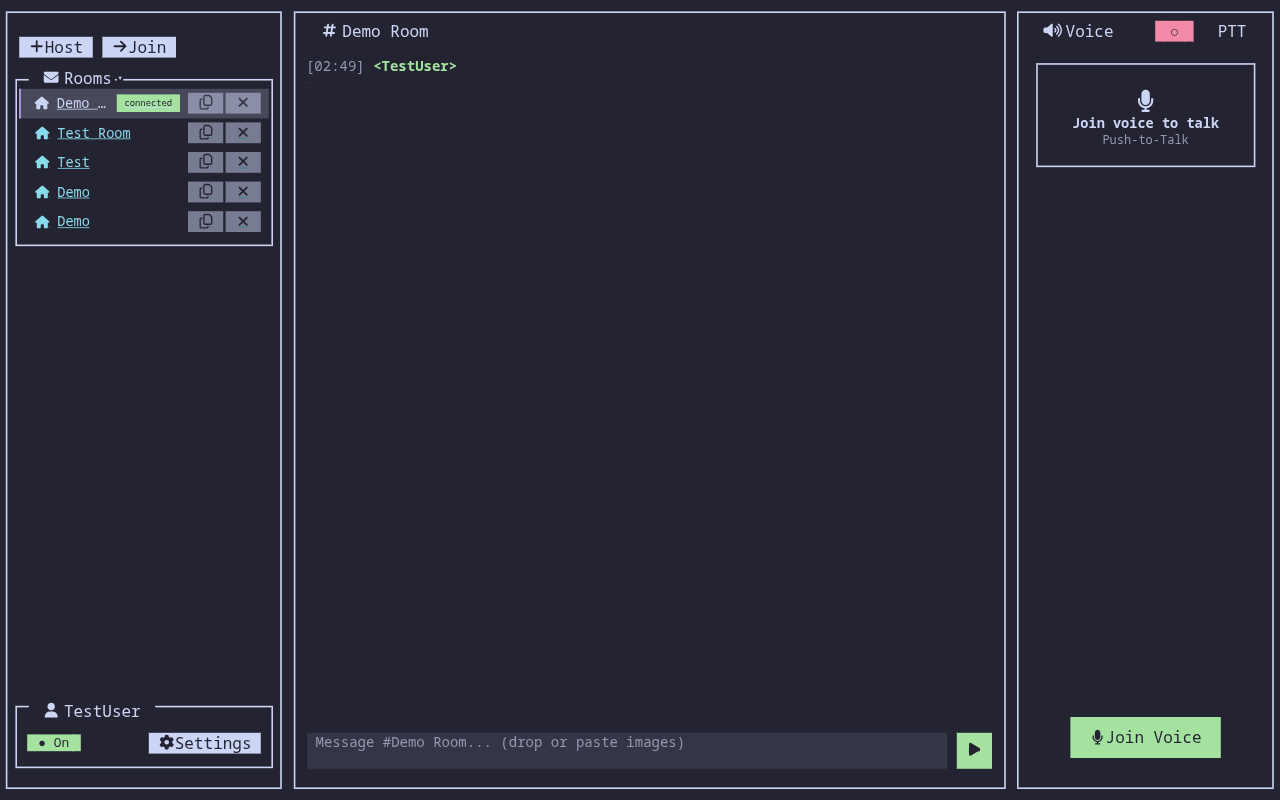 Comms desktop app — voice channels, chat, and screen sharing